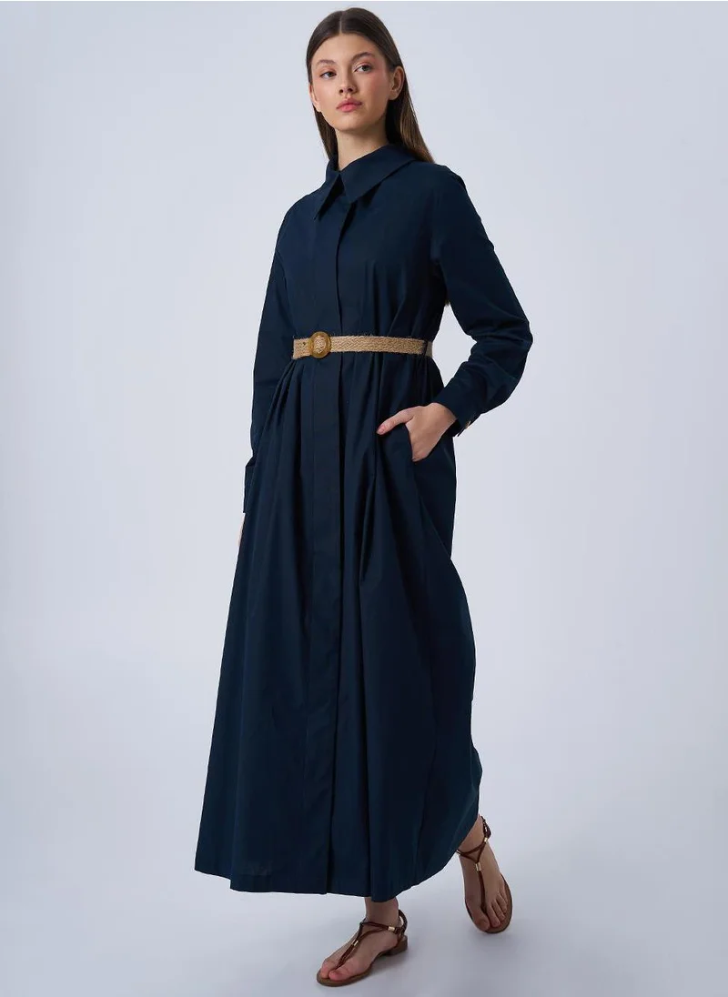 Kayra Woven Belt Detailed Poplin Dress Dark Navy
