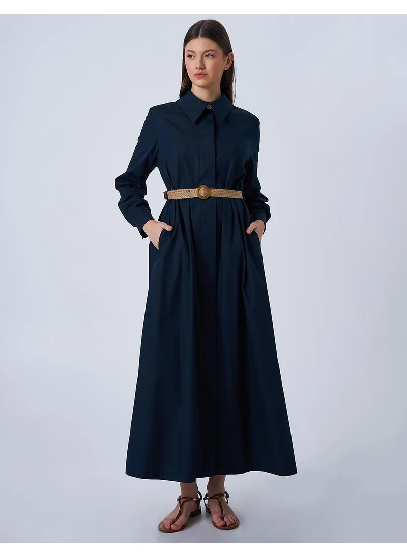 Kayra Woven Belt Detailed Poplin Dress Dark Navy