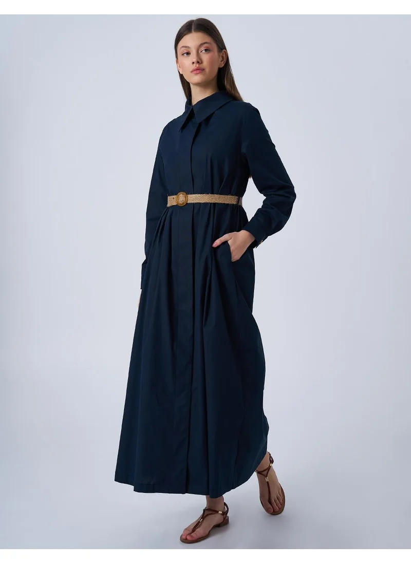Kayra Woven Belt Detailed Poplin Dress Dark Navy
