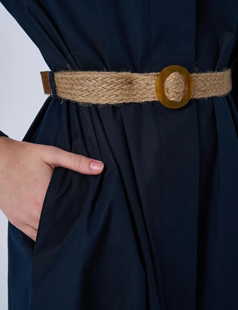 Kayra فستان بوبلين مفصل بحزام منسوج - كحلي داكن