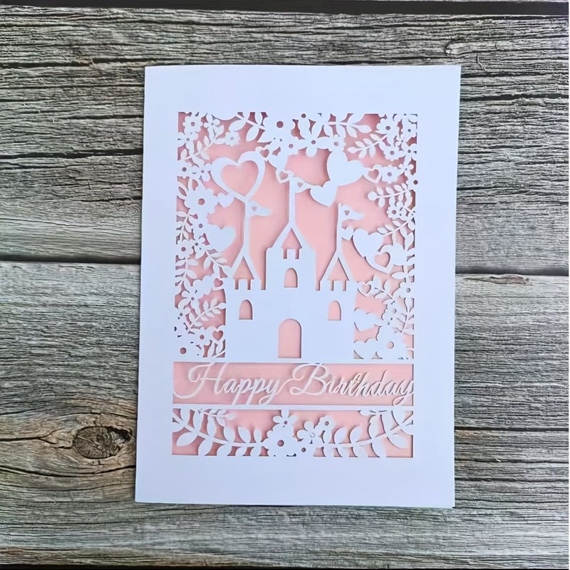 20 Sets White Pink Inner Card Happy Birthday Cards Laser Cut Castle Flower Design - Image 4