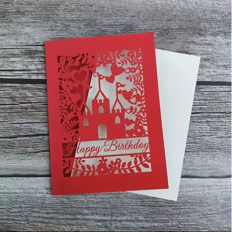 20 Sets White Pink Inner Card Happy Birthday Cards Laser Cut Castle Flower Design - Image 1