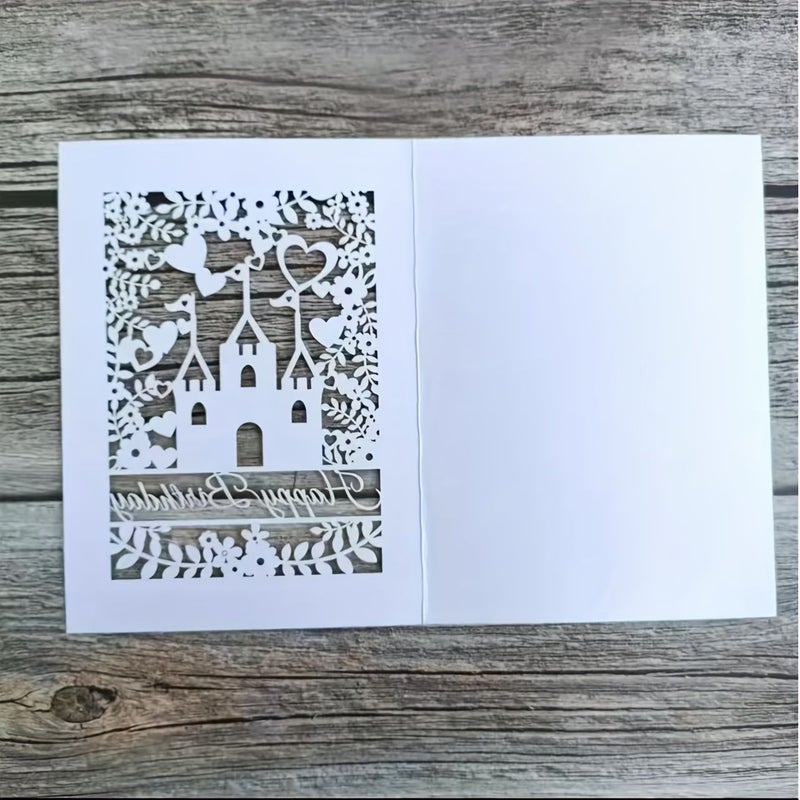20 Sets White Pink Inner Card Happy Birthday Cards Laser Cut Castle Flower Design - Image 5