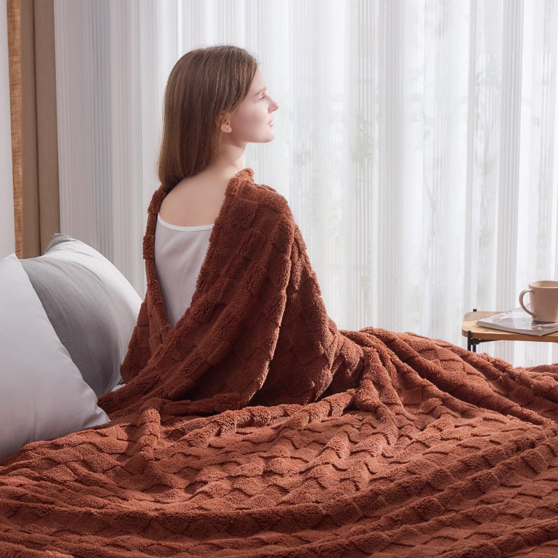 NEWCOSPLAY Super Soft King Blanket Coffee Premium Silky Flannel Fleece 3D Checkered Lightweight Bed Blanket All Season Use (Coffee Checkered  King(90""x110"")) - Image 3