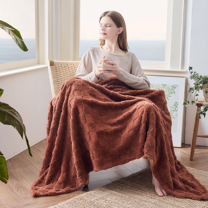 NEWCOSPLAY Super Soft King Blanket Coffee Premium Silky Flannel Fleece 3D Checkered Lightweight Bed Blanket All Season Use (Coffee Checkered  King(90""x110"")) - Image 4