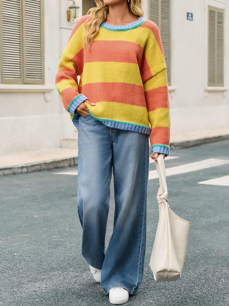 Fisoew Womens Oversized Sweaters Casual Long Sleeve Striped Color Block Crewneck Knitted Loose Fall Pullover Tops Yellow - Image 5