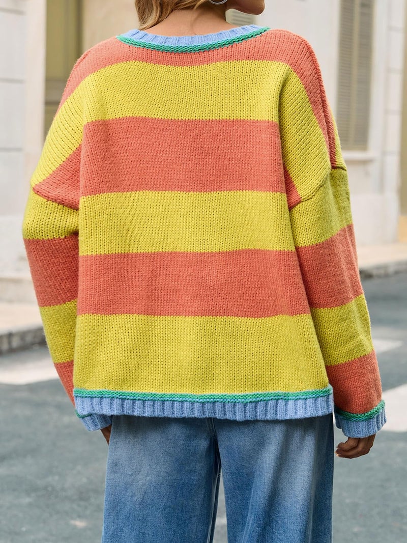Fisoew Womens Oversized Sweaters Casual Long Sleeve Striped Color Block Crewneck Knitted Loose Fall Pullover Tops Yellow - Image 4