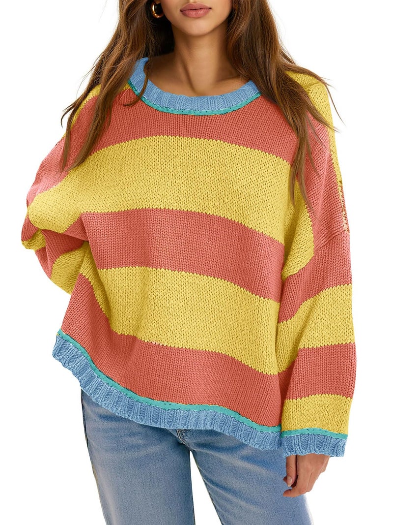 Fisoew Womens Oversized Sweaters Casual Long Sleeve Striped Color Block Crewneck Knitted Loose Fall Pullover Tops Yellow - Image 1
