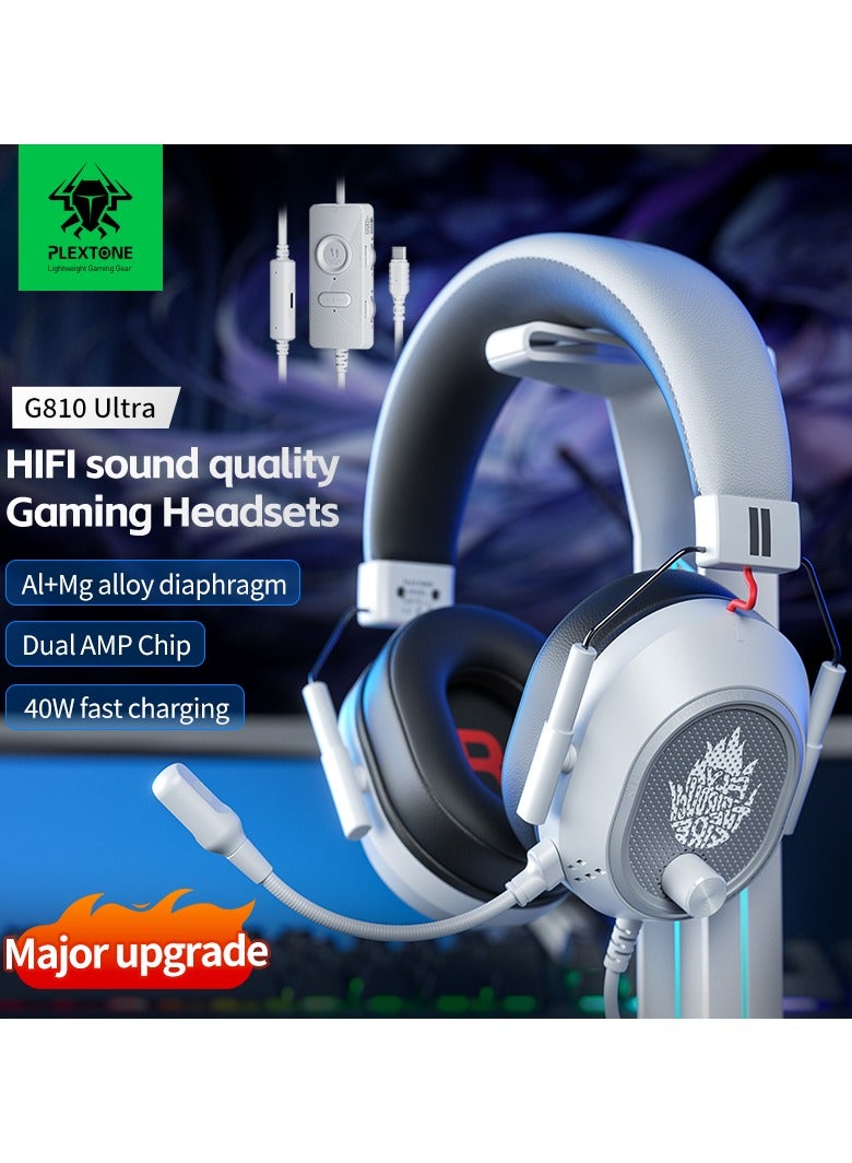 بليكستون سماعات الألعاب Plextone G810 ULTRA مع موصل Type-C ومنفذ USB، تتصل بأي جهاز صوتي ببطاقة صوت للألعاب، ضبط مستقل لتأثيرات اللعبة، كتم صوت بنقرة واحدة مدمج، تحسين التأثيرات الصوتية، تدعم الشحن السريع 40 واط عبر منفذ Type-C أثناء اللعب، تصميمها المريح يضمن راحة فائقة أثناء الاستخدام، تناسب جميع الأحجام وتوفر دعمًا مثاليًا لرأسك، رمادي. - Image 5