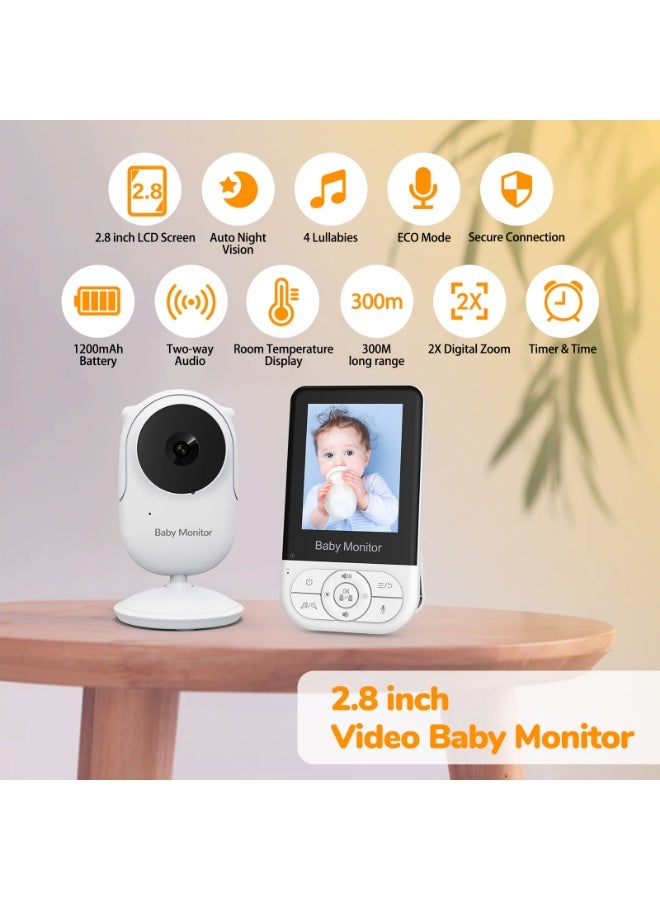 Baby Monitor with 2.8-inch Wireless Video, Two-Way Audio Intercom, Night Vision, Room Temperature Monitoring, and Lullabies - Image 2