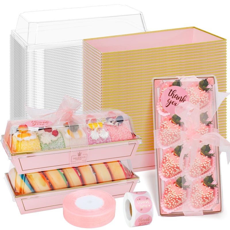 ylnurac 100Sets Valentine Treat Boxes Chocolate Covered Strawberries Boxes with Clear Lids, To Go Food Containers for Strawberries,Sandwich,Cake Slice - Image 1