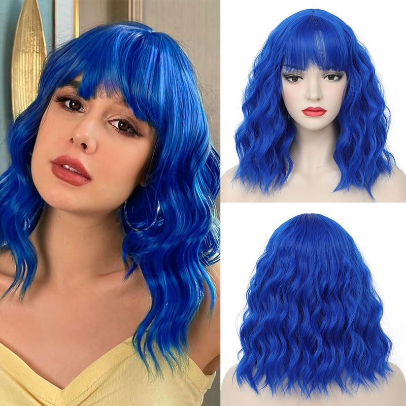 CLIONE Dark Blue Wigs for Women Cosplay Wig Short Wavy Bob Wigs Women Girls Synthetic Wig Blue Wig with Bangs Shoulder Length Natural Wavy Colored Wigs For Daily Party Use Halloween Costume Wigs 14