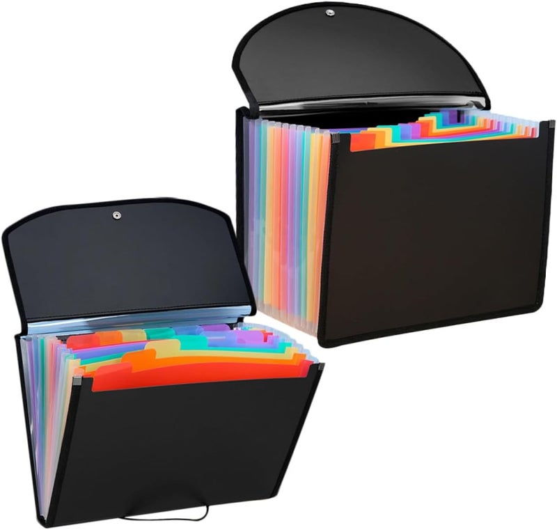 2pcs Black PVC Accordion File Folder, Expanding Document Organizer with Multi-Layer Capacity, Plastic Receipt Holder for Office and School Filing - Image 1
