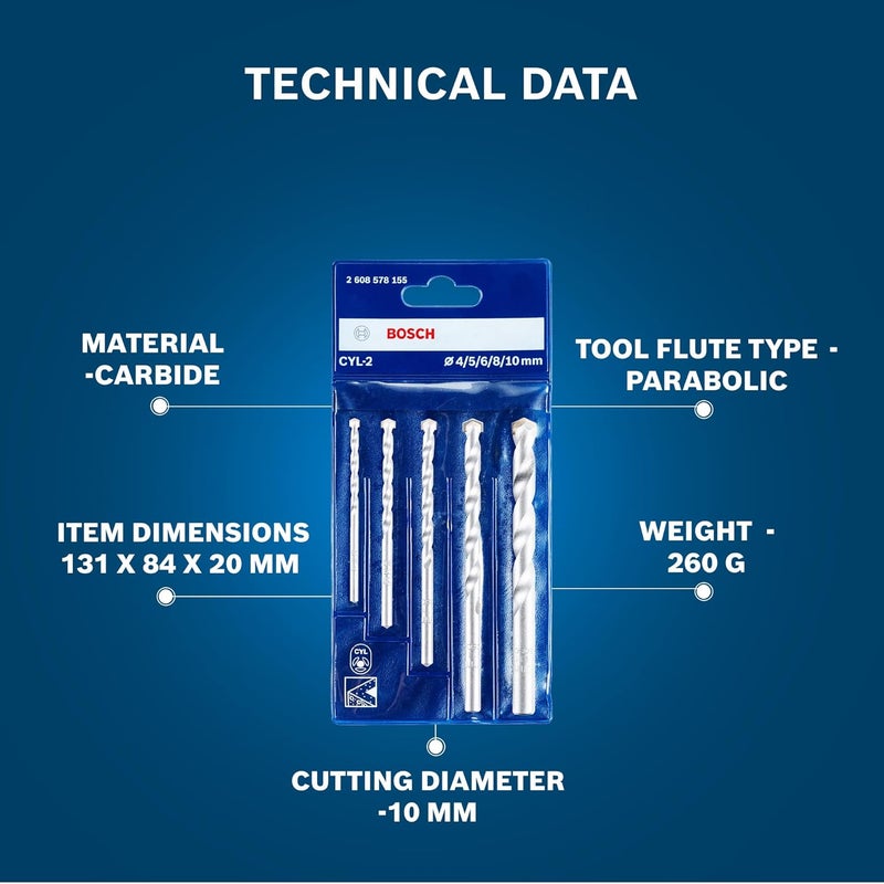 BOSCH Professional Impact Drill Bit / Masonry Drill Bit Set With Diameter 4mm, 5mm, 6mm, 8mm, 10mm, Pack Of 5 - Image 5