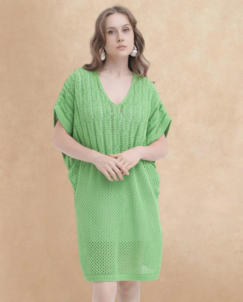 ريريزم Rareism Women Espantiago Green Cotton Fabric Short Sleeves V-Neck Extended Sleeve Relaxed Fit Plain Knee Length Dress