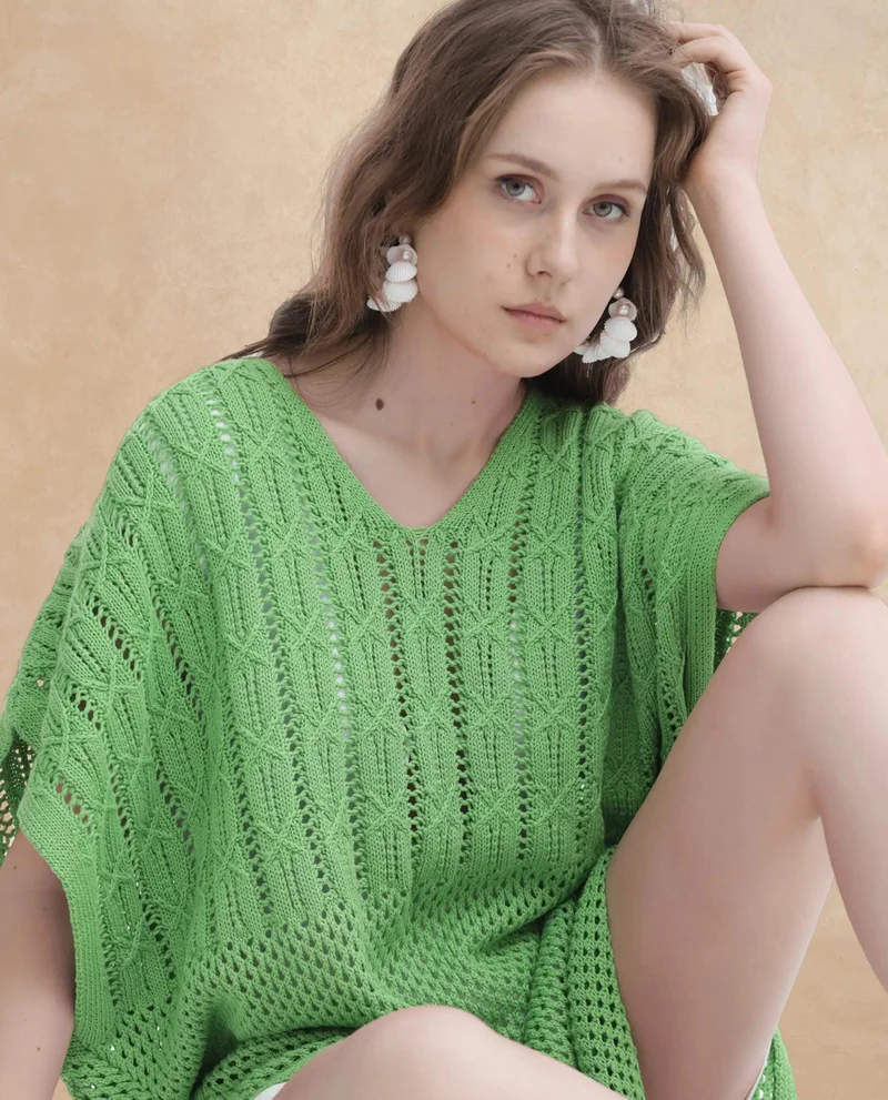 ريريزم Rareism Women Espantiago Green Cotton Fabric Short Sleeves V-Neck Extended Sleeve Relaxed Fit Plain Knee Length Dress