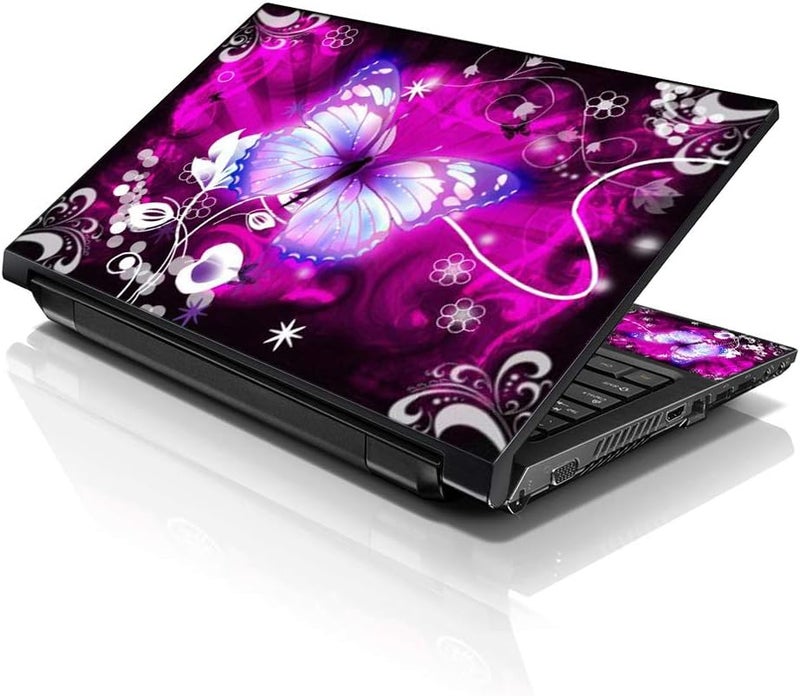 إل أس أس ملصق جلد لابتوب فني 15 15.6 بوصة متوافق مع 13.3 و14 و15.6 و16 بوصة من HP وDell وLenovo وApple وAsus وAcer (مع وسادتين مجانيتين للمعصم) - فراشة أرجوانية وزهور - Image 1