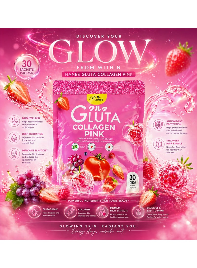 Manee Gluta Collagen Pink Supplement Drink – Advanced Skin Brightening & Anti-Aging Collagen with Glutathione | Hydration & Radiant Glow Formula | 30 Sachets - Image 4