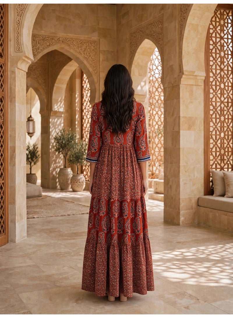 IKKXA Elegant Ethnic Paisley Print Long Sleeve Jalabiya IK100024 Red - Image 5