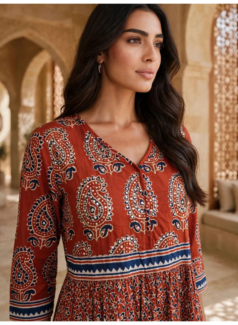 Ikkxa IKKXA Elegant Ethnic Paisley Print Long Sleeve Jalabiya IK100024 Red