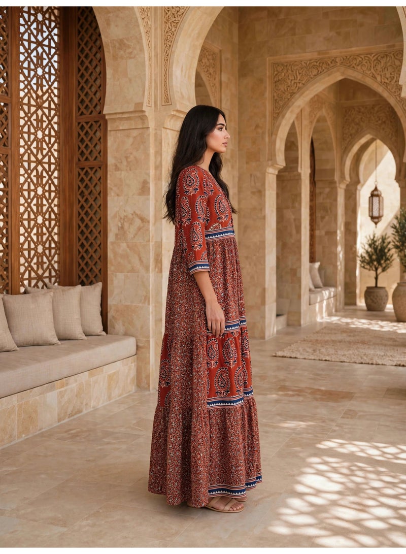 IKKXA Elegant Ethnic Paisley Print Long Sleeve Jalabiya IK100024 Red - Image 4