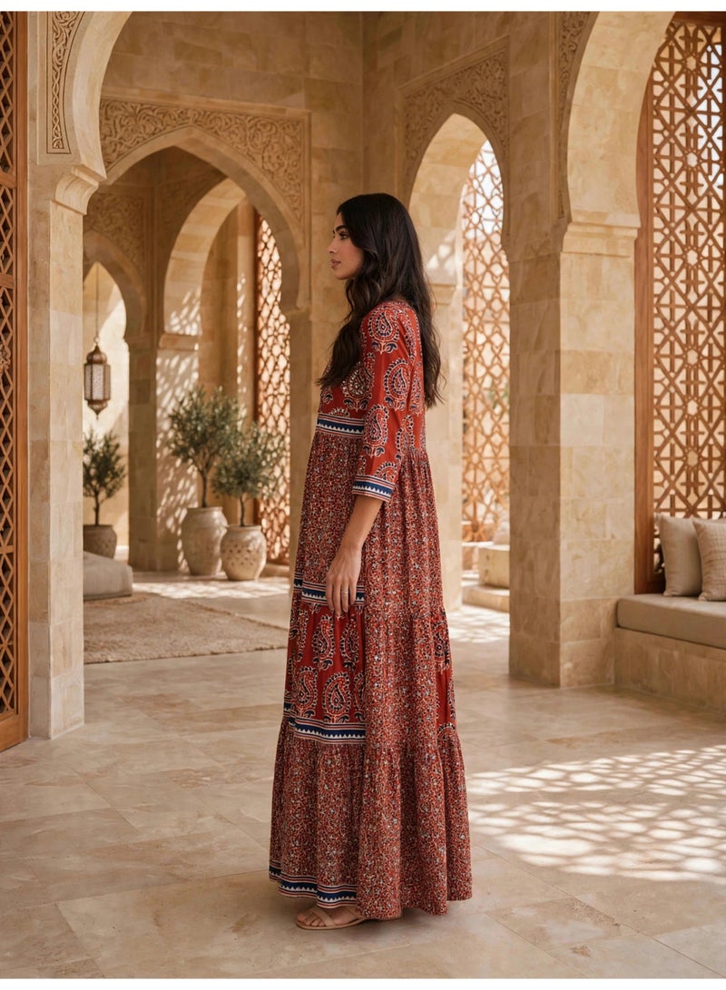 IKKXA Elegant Ethnic Paisley Print Long Sleeve Jalabiya IK100024 Red - Image 3