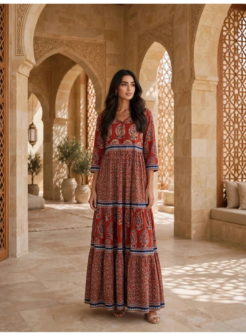 Ikkxa IKKXA Elegant Ethnic Paisley Print Long Sleeve Jalabiya IK100024 Red