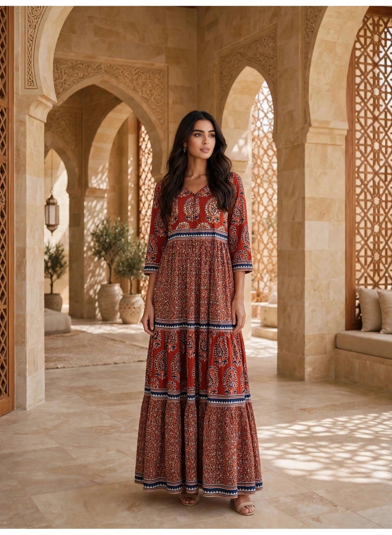 IKKXA Elegant Ethnic Paisley Print Long Sleeve Jalabiya IK100024 Red - Image 1