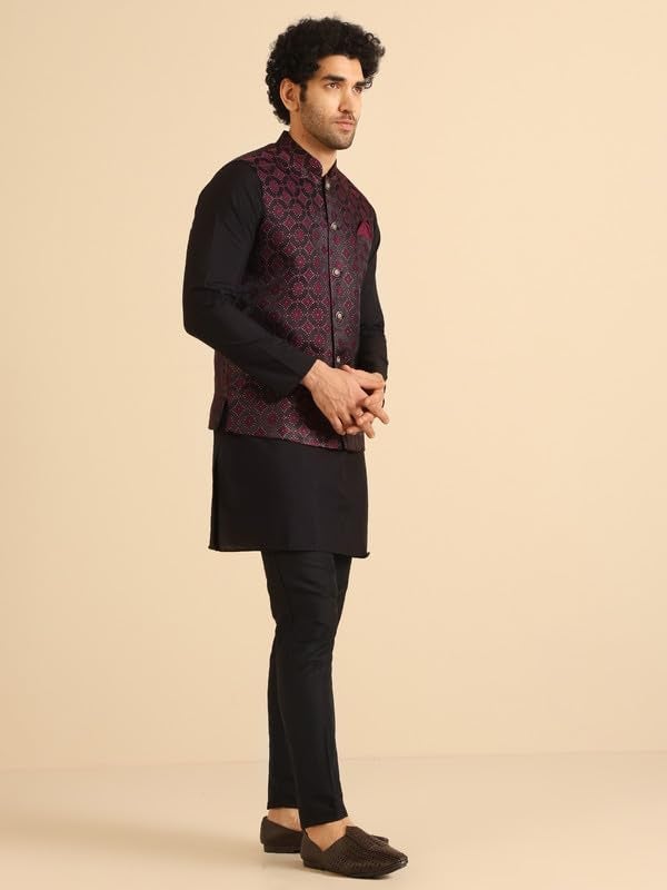 KISAH Nehru Jacket for Men – Textured Silk Blend Jacquard Modi Jacket | Ethnic & Formal Waist Coat for Weddings, Parties & Office Wear, Burgundy, 42 - Image 3