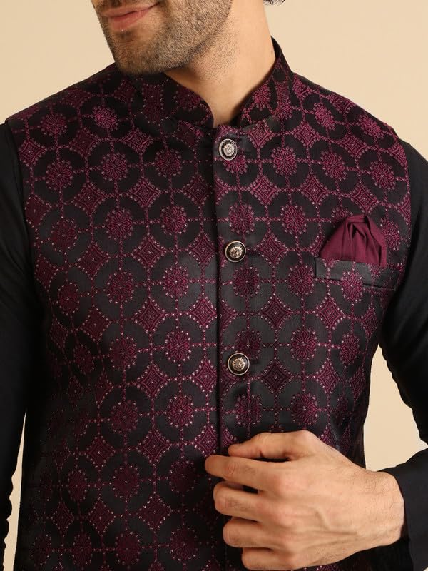 KISAH Nehru Jacket for Men – Textured Silk Blend Jacquard Modi Jacket | Ethnic & Formal Waist Coat for Weddings, Parties & Office Wear, Burgundy, 42 - Image 5