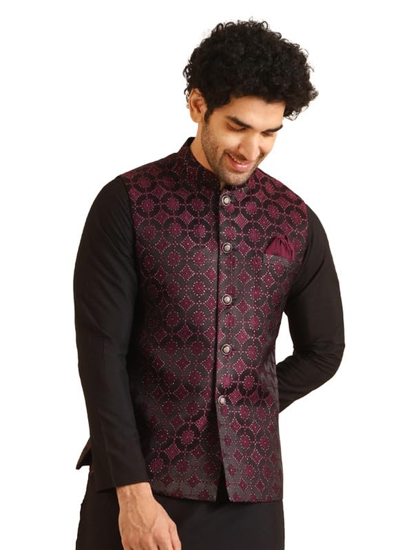 KISAH Nehru Jacket for Men – Textured Silk Blend Jacquard Modi Jacket | Ethnic & Formal Waist Coat for Weddings, Parties & Office Wear, Burgundy, 42 - Image 1