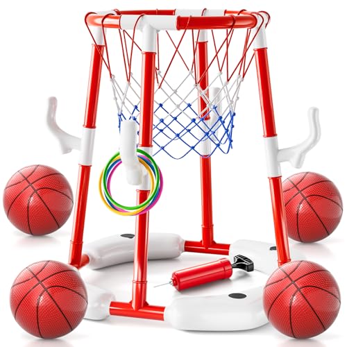 WATUDOU Pool Basketball Hoop Toys for Kids Ages 48 812 Adult Summer Outdoor Swimming Pool Games Water Play Toys Family Party for Kids 2 in1 Pool Basketball Hoop Ring Game with 4 Balls 12 Rings Pump - Image 1