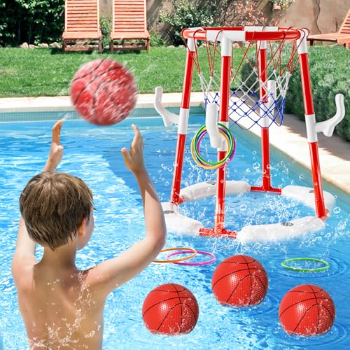 WATUDOU Pool Basketball Hoop Toys for Kids Ages 48 812 Adult Summer Outdoor Swimming Pool Games Water Play Toys Family Party for Kids 2 in1 Pool Basketball Hoop Ring Game with 4 Balls 12 Rings Pump - Image 5