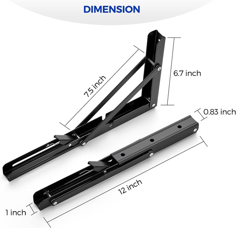 Defflo 12 Inch Folding Shelf Brackets, 30cm Heavy Duty Collapsible Shelf Bracket, Black DIY L Bracket for Workbench Folding Table Hinge, Max Load: 330lb, (1-Pair) (12-Inch) - Image 2