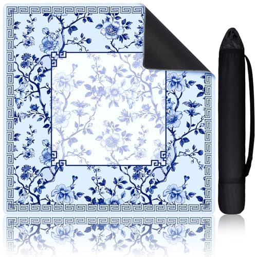 Sonwyoung Chinoiserie Mahjong Mat with 1 Carrying Bag 315 x 315 Blue and White Rubber Anti Slip and Noise Reduction Multi Purpose Game Table Cover for Card Board Tile Games - Image 1