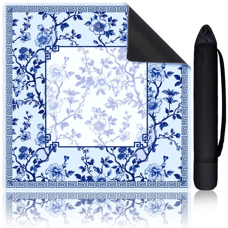 Sonwyoung Chinoiserie Mahjong Mat with 1 Carrying Bag 315 x 315 Blue and White Rubber Anti Slip and Noise Reduction Multi Purpose Game Table Cover for Card Board Tile Games - Image 2
