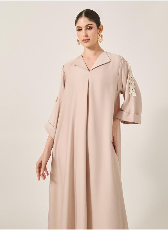 Styli - Lace Detail Embroidered A-Line Belted Jalabyia - Image 1