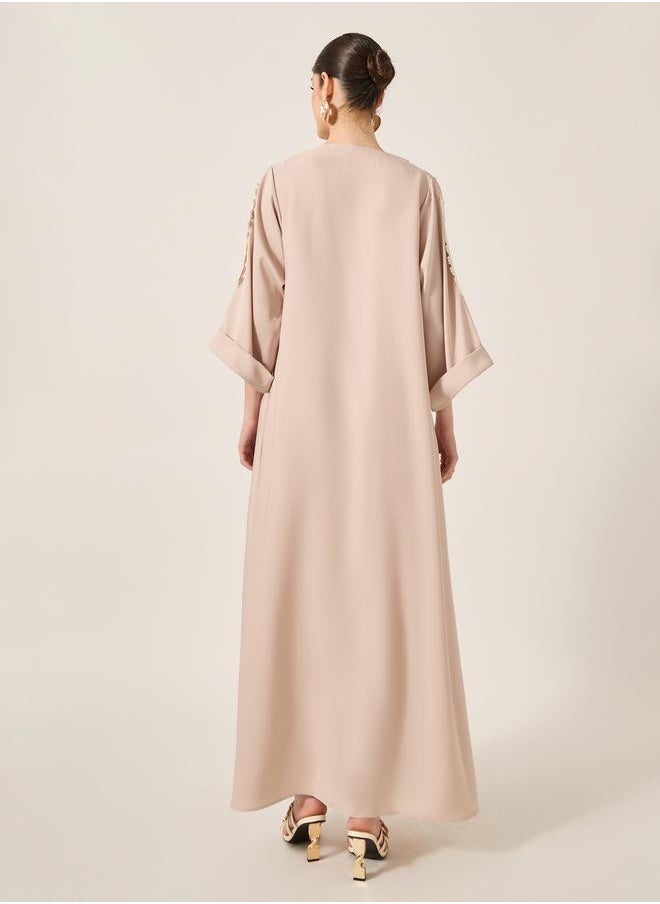 Styli - Lace Detail Embroidered A-Line Belted Jalabyia - Image 1