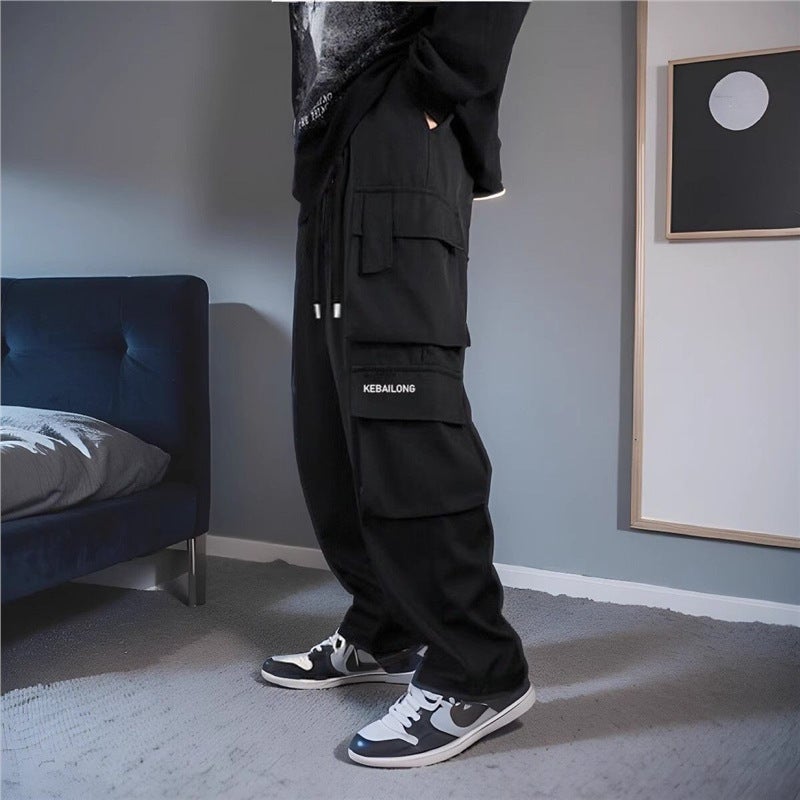 Black Multi-Pocket Retro High Street Fashionable Overalls Men's Thin Trendy Brand Wide-Leg Loose All-Match Casual Pants - Image 2