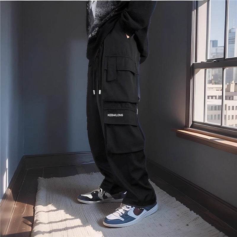 Black Multi-Pocket Retro High Street Fashionable Overalls Men's Thin Trendy Brand Wide-Leg Loose All-Match Casual Pants - Image 3