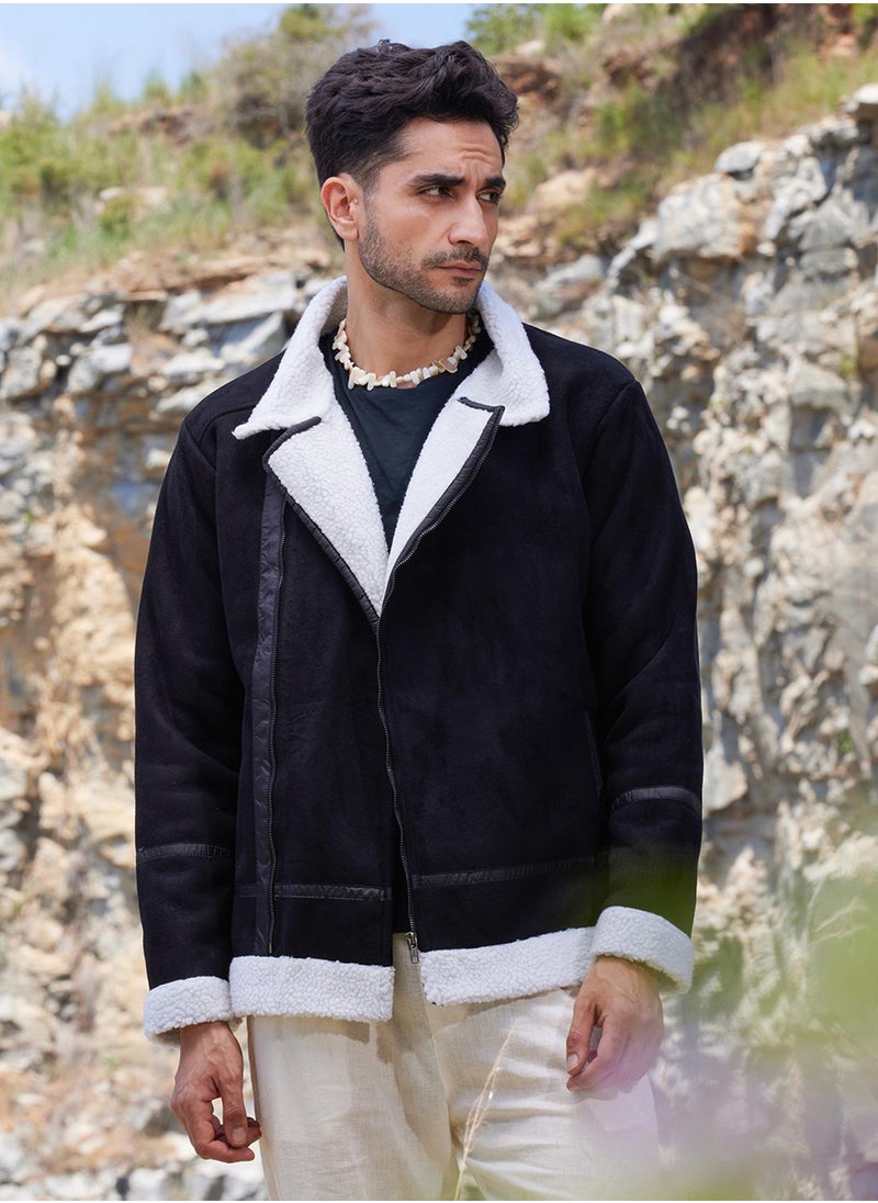 كامبوس سوترا Men's Carbon Black & Chalk White Fleece Lined Biker Jacket  - Image 3