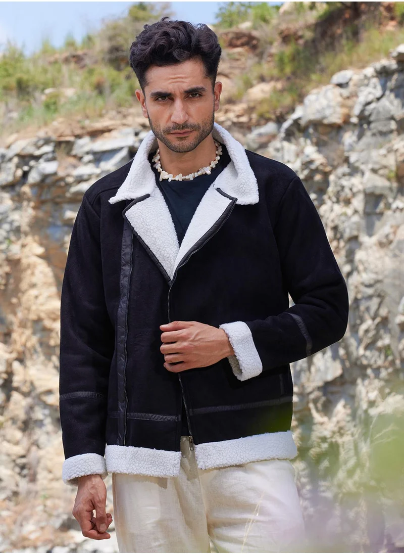 Campus Sutra Men's Carbon Black & Chalk White Fleece Lined Biker Jacket