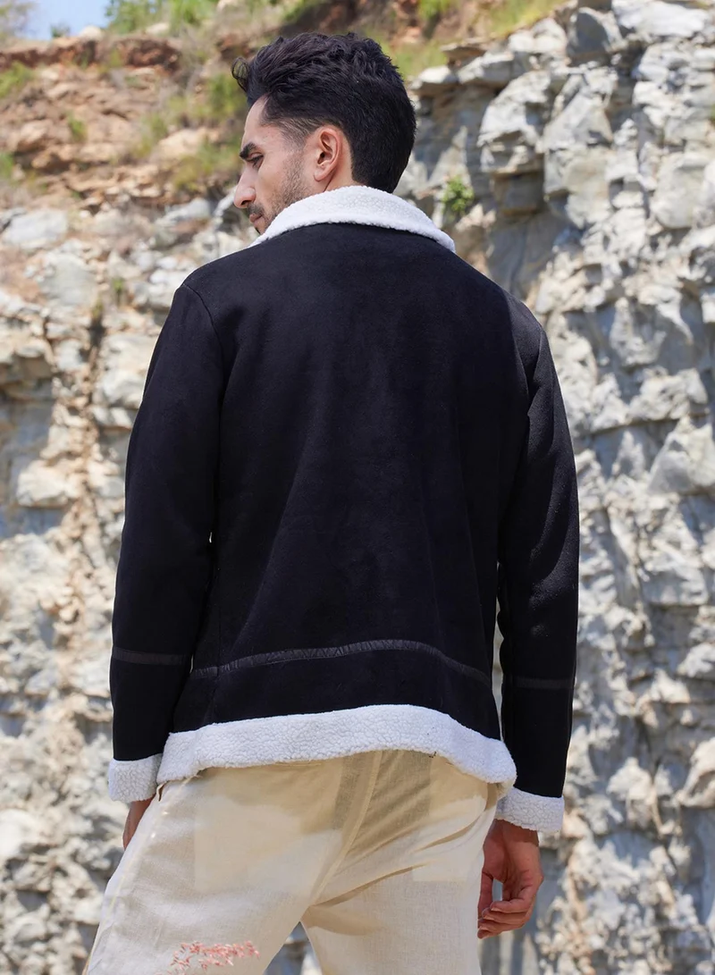 Campus Sutra Men's Carbon Black & Chalk White Fleece Lined Biker Jacket