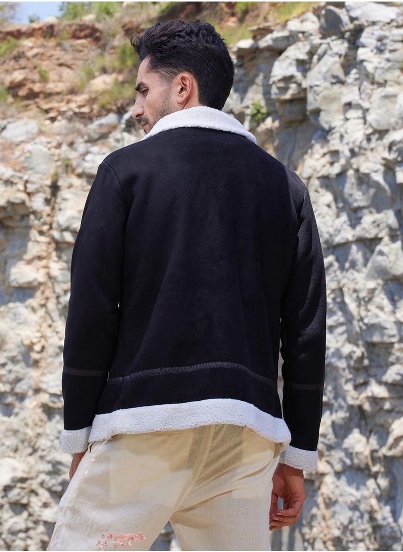 كامبوس سوترا Men's Carbon Black & Chalk White Fleece Lined Biker Jacket  - Image 5