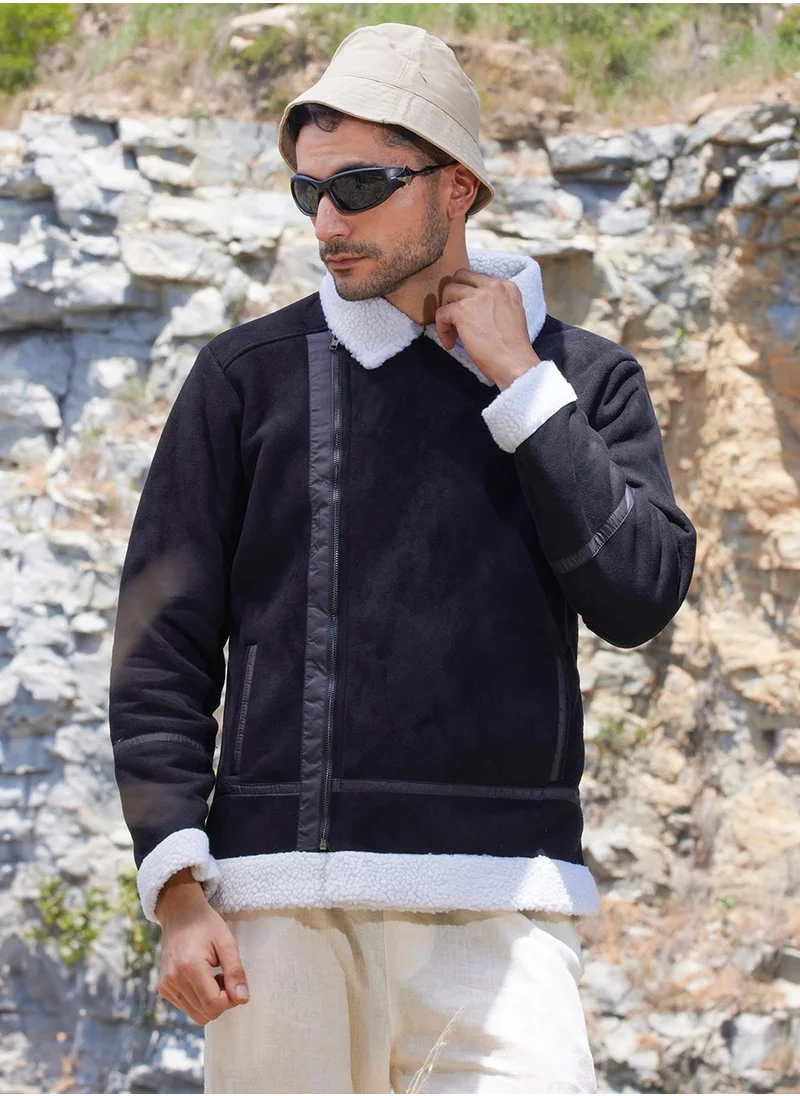 Campus Sutra Men's Carbon Black & Chalk White Fleece Lined Biker Jacket