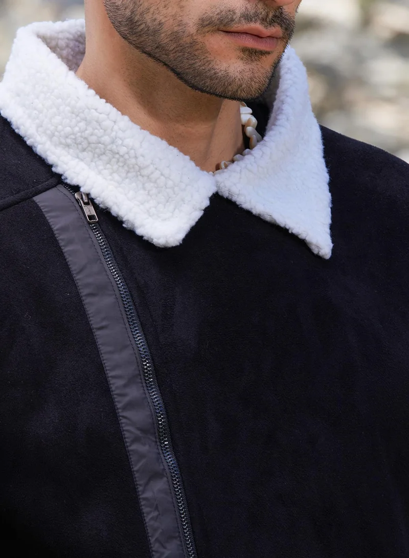 Campus Sutra Men's Carbon Black & Chalk White Fleece Lined Biker Jacket