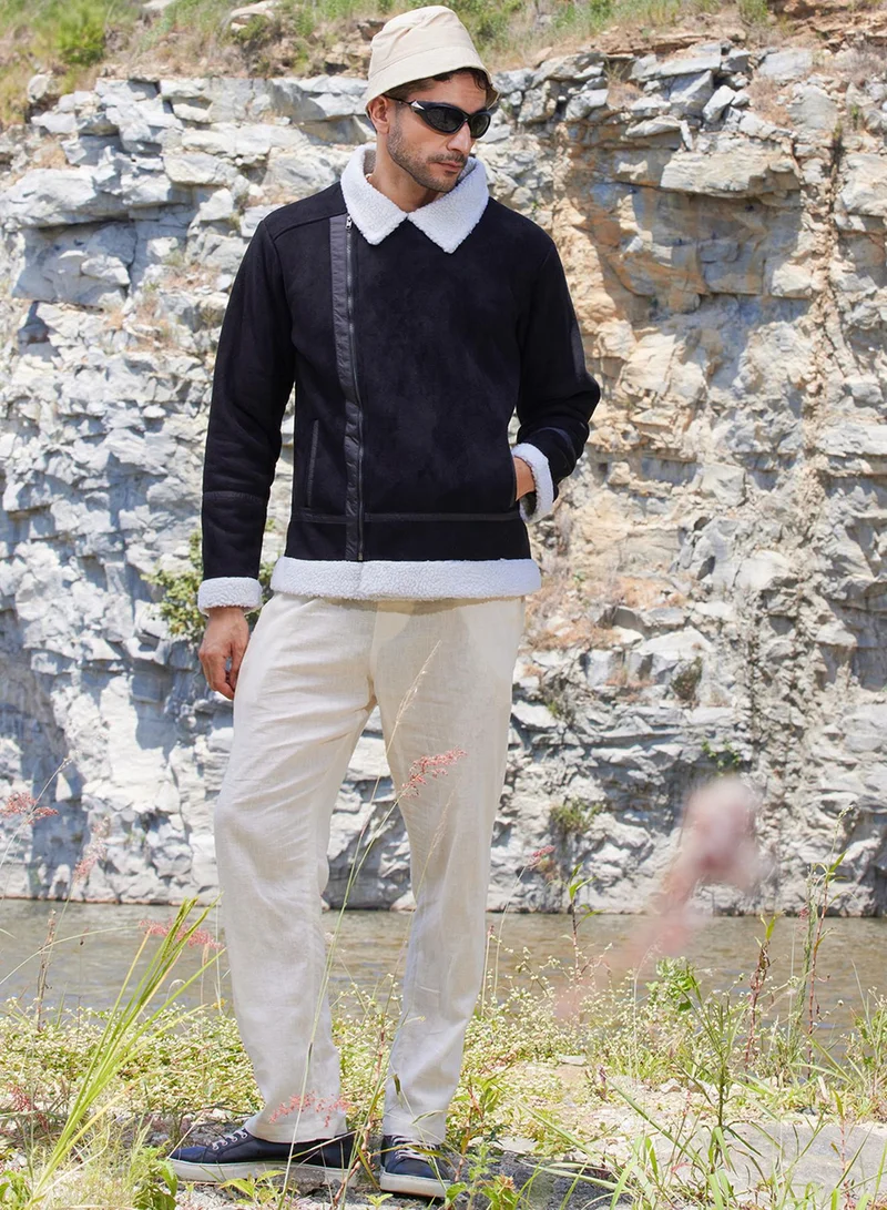 Campus Sutra Men's Carbon Black & Chalk White Fleece Lined Biker Jacket