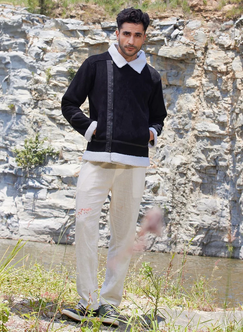 Campus Sutra Men's Carbon Black & Chalk White Fleece Lined Biker Jacket
