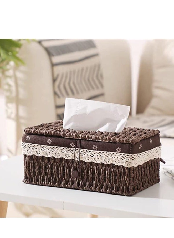 FFD Rectangle Tissue Box Cover, Decorative Rattan Weave tissue Box Holder Retro Tissue Case  - Image 1