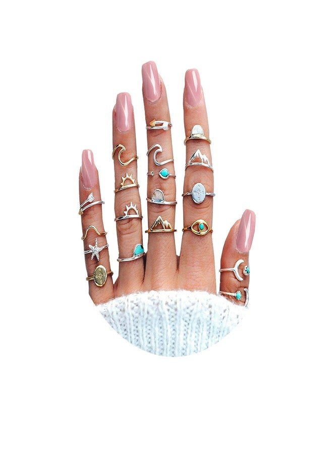 FUTIMELY 19PCS Boho Turquoise Knuckle Stacking Rings for Women Vintage Stackable Star Moon Wave Peak Sea Rhinestone Joint Midi Finger Rings Set - Image 1